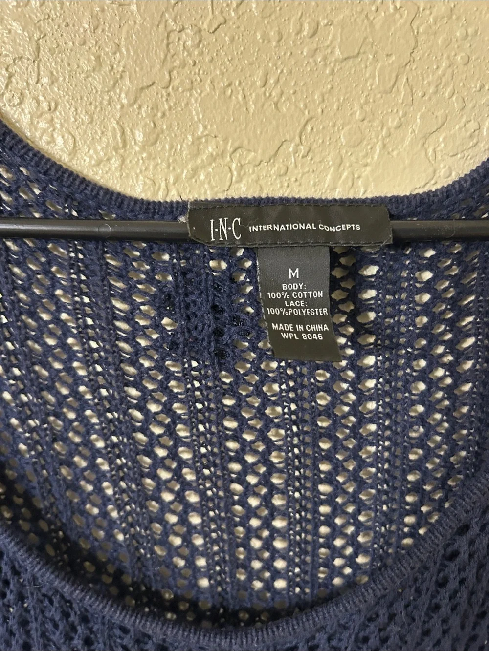 INC International Concepts Navy Blue Crochet Open Knit Top Lace Appliqué M-L105